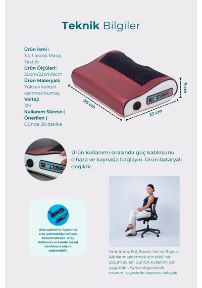 Mdsgroup Elektrikli Boyun Bel Sırt Ovmalı Isıtmalı Yoğurmalı Çok Amaçlı Masaj Yastığı/araç Çakmaklığı Dahil Çok Renkli