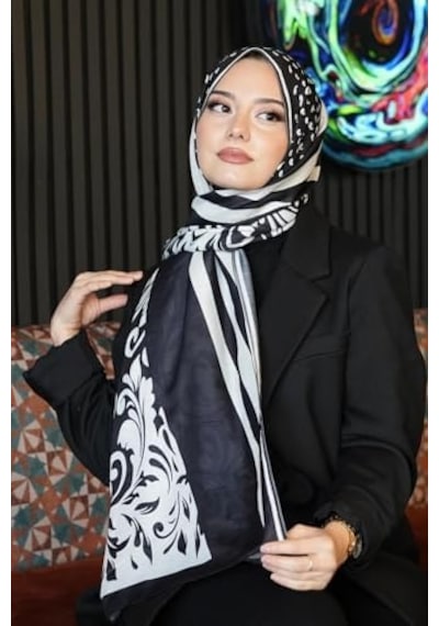 Barok Desen Siyah - Beyaz Soft Pamuk Şal Siyah Açik Gri