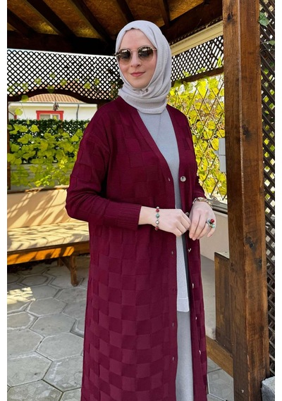 Rabia Şamlı Dama Desenli Triko Hırka Bordo Çok Renkli