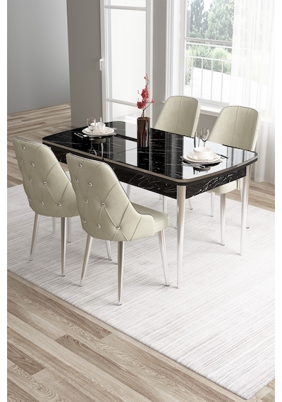 Canisa Tia Serisi 80x132 Mdf Açılabilir Siyah Mermer Desen Krom Detay Masa Takımı Ve 4 Krem Sandalye Masa Siyah Mermer Desen Sandalye Krem Canisa Tia Serisi 80x132 Mdf Açılabilir Siyah Mermer Desen Krom Detay Masa Takımı Ve 4 Krem Sandalye Masa Siyah Mermer Desen Sandalye Krem