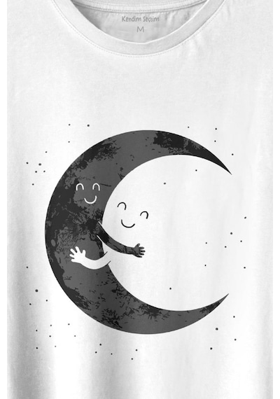 Uzayda Sarılan Ay Aşık Smile Cosmos Gülümsemesi Baskılı Tişört Unisex T-shirt 001