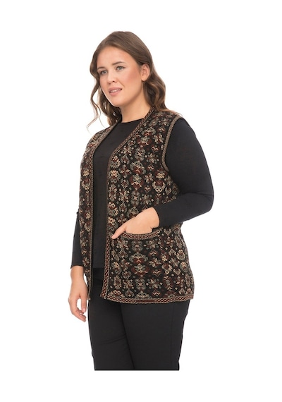 Uludağ Triko Kadın Çiçek Desen Kilim Yelek / Gümüş