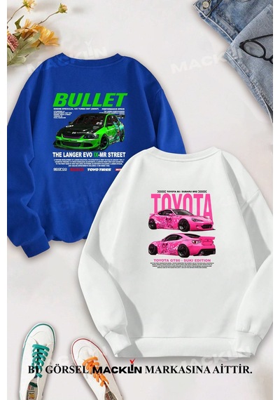 Macklin Sevgili Çift Kombin Hızlı Ve Öfkeli Bullet Suki Sırt Evo-ıx Baskılı Sıfır Yaka Sweatshirt 2li Takım Mavi Beyaz Mck1482 Çok Renkli