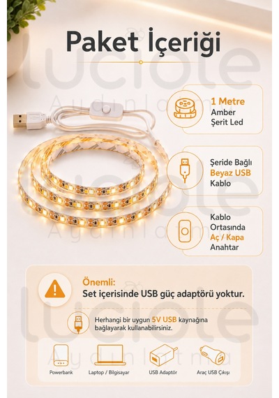 1 Metre 5v Usb Amber Şerit Led Aç Kapa Anahtarlı Mutfak Tv Arkası Masa Kamp Dekoratif Işık