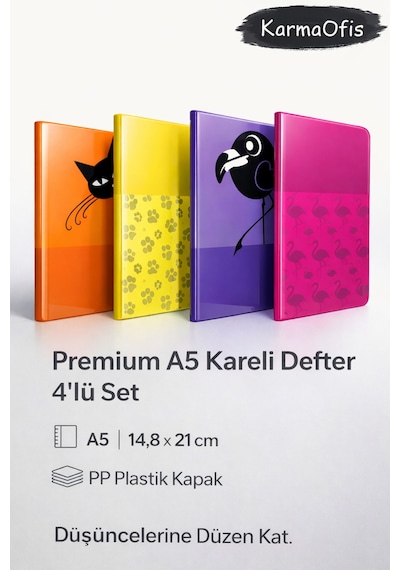 Premium A5 Kareli Defter 4 Lü Set Pp Plastik Kapak, Dayanıklı Ve Şık Tasarım