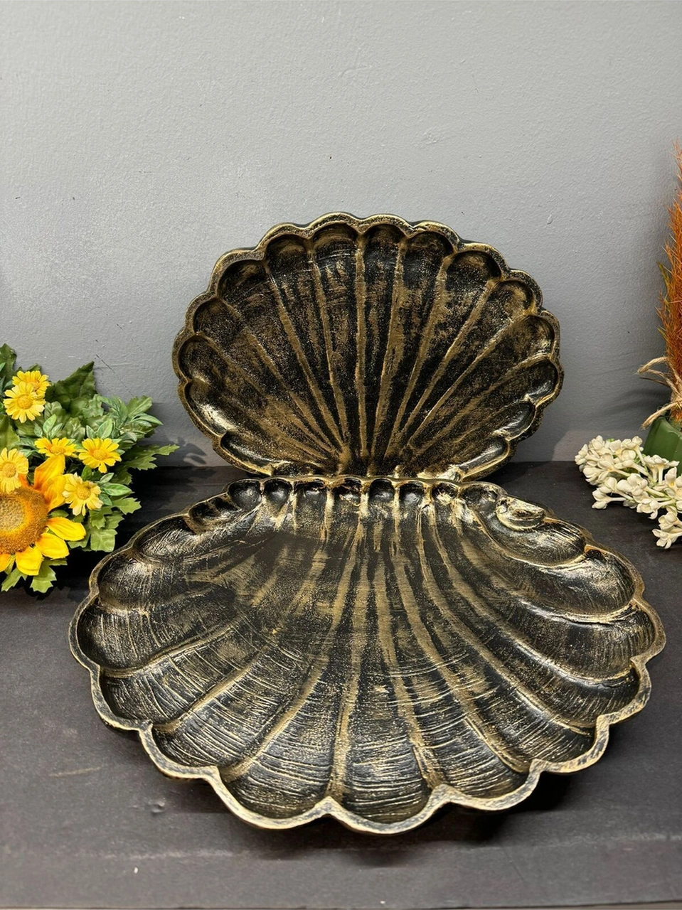 Dekoratif Polyester İkili İstiridye Tepsi Sunumluk Gold Siyah Eskitme