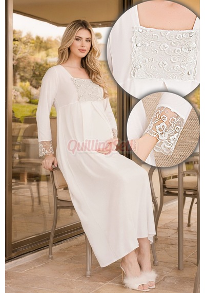 Lady Ekru Renk Dantel Detaylı 33501 Sabahlıklı 2li Hamile Gecelik Takım Set