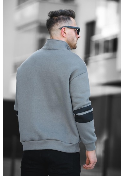 Oksit Babar Üç İplik Şardonlu Nakışlı Fermuarlı Dik Yaka Oversize Erkek Sweatshirt 001