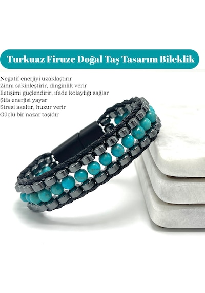 Sertifikalı Turkuaz Firuze Taşı Erkek Bileklik Çelik Kilitli, Doğal Taş Tasarım, Şık Ve Özgün Turkuaz