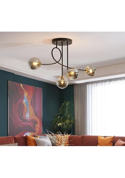 Jade 4 Lü Özel Tasarım Salon - Mutfak - Yatak Odası Modern Füme Glop Camlı Siyah Avize Diğer