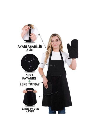 Star Ayar Askılı Havlulu 4lü Mutfak Önlüğü Seti Eldiven Tutacak Siyah-siyah-siyah