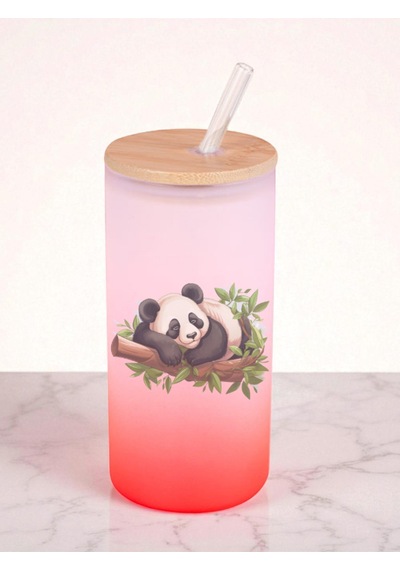 Dalda Panda Baskılı 600 Ml Cam Matara- Su Matarası, Suluk Matara, Cam Pipetli Matara Kırmızı