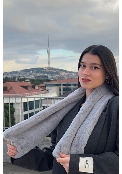 Mollycrush Peluş Yumuşak Soft Atkı Kışlık Suni Kürklü Gri Kadın Atkısı Gri