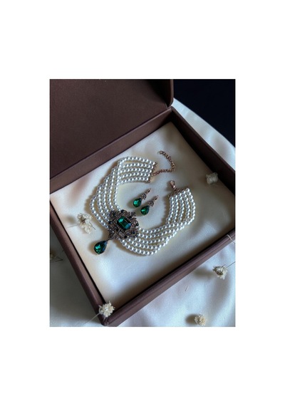 Baget Ve Su Damlası İnci Choker Kolye Ve Küpe Seti Beyaz