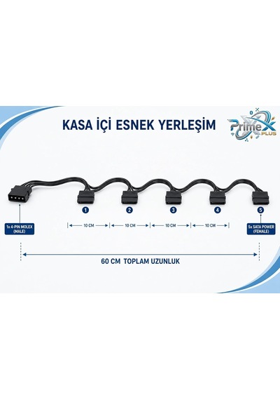 Primex Px-4355 Molex To Sata Power Çoklayıcı Kablo, 4 Pin Ide Psu To 5 Port Sata Güç Kablosu, 60 Cm%100 Saf Bakır Hdd Ssd Dvd Güç Bağlantı Kablosu, Pc Kasa İçi Sata Power Splitter