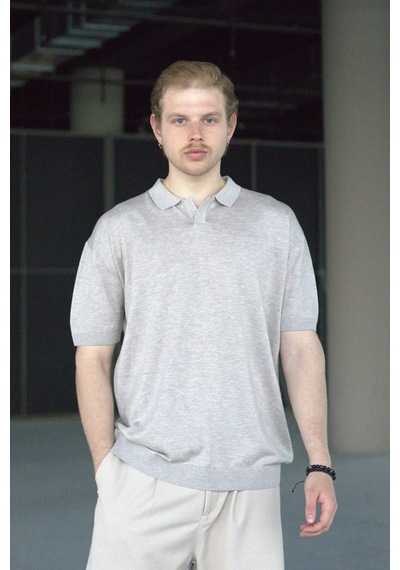 Erkek Oversize Pamuklu Polo Yaka Triko T-shirt Bej