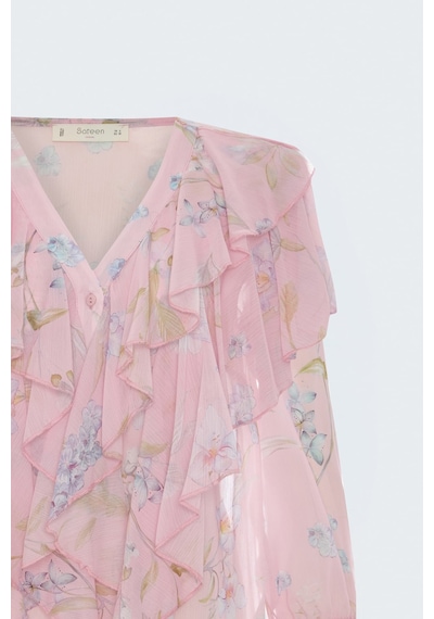 Sateen Fırfır Detaylı Desenli Gömlek - Pembe-137787