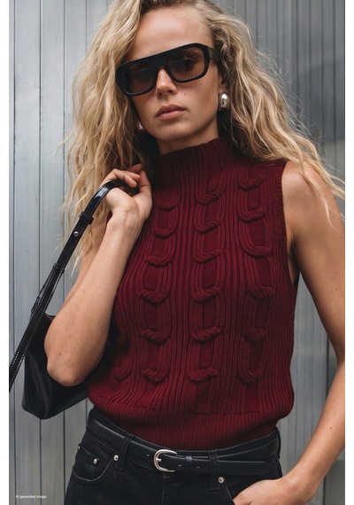 Sateen Örgülü Sıfır Kol Triko - Bordo-137846