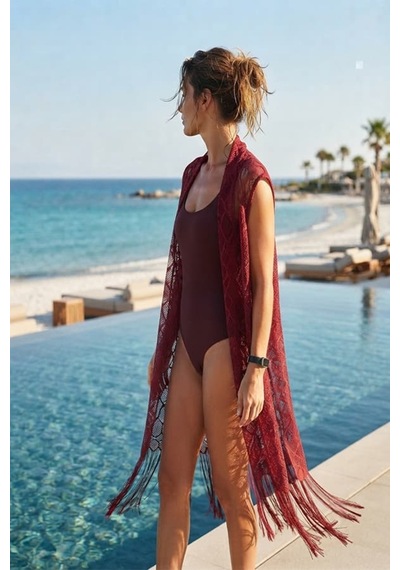 Maşuka Dantel Detaylı Püsküllü Plaj Pareosu Ve Kolsuz Kimono, Yelek Aksesuar Bordo Bordo