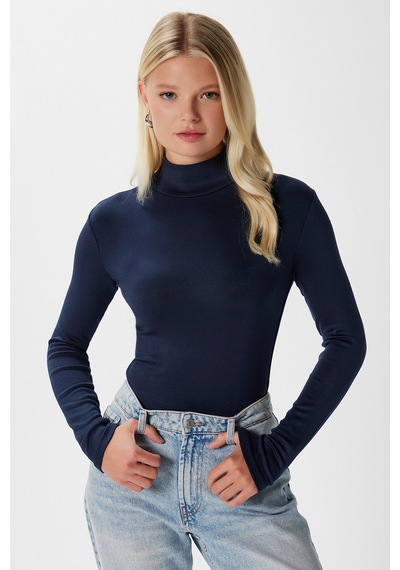Ritnice Kadın Feel Lux Touch Dik Yaka Lacivert Uzun Kol Soft Bluz Lacivert