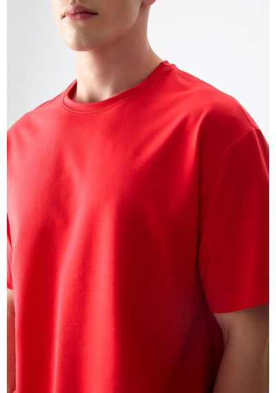 Air Jones Tommy Life Fiesta Pamuklu Kalın Yumuşak Dokulu Oversize Fit Basic Erkek T-shirt - 88377 Kirmizi