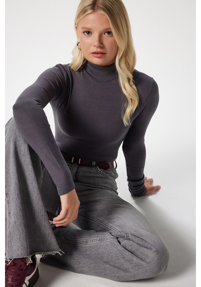 Ritnice Kadın Feel Lux Touch Dik Yaka Antrasit Uzun Kol Soft Bluz Antrasit