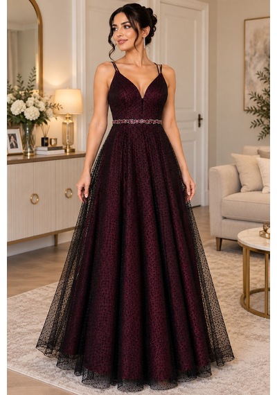 Gül&can Butik Abiye İnce Askili Sirt Ve Goguz Dekokteli Tas Kemerli Abiye Siyah