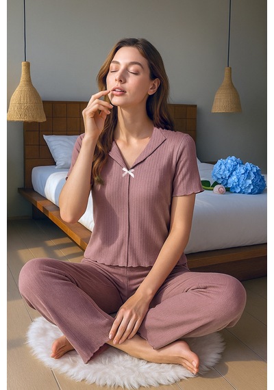 Bella Notte Gül Kurusu Pamuklu V Yaka Kısa Kollu Pijama Takımı Pembe