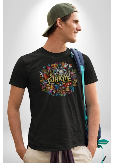 Turkiye Özel Karakterleri Unisex Unisex Siyah Organik Baskılı T-shirt Penye Yüksek Kalite Siyah