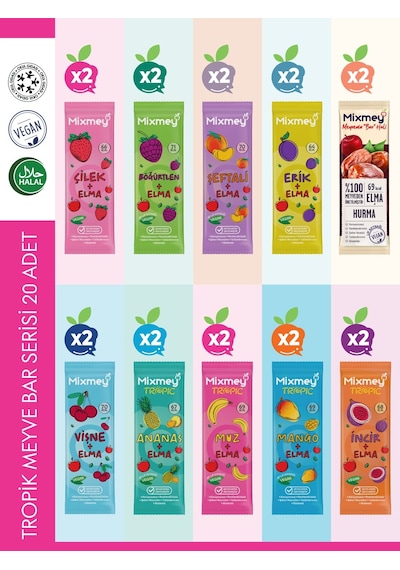 Mixmey Tropik Meyve Bar Serisi 20 Adet | Atıştırmalıklar – Vegan, Glutensiz (20GR X 20 ADET)