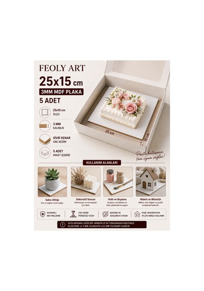 25x15 Cm 3 Mm Mdf Plaka 5 Adet - Beyaz Lam Kaplamalı