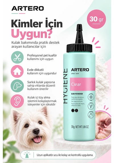 Artero Clear Köpek Kulak Pudrası Kulak İçi Tüy Alma Ve Kavrama Kolaylaştırıcı 30 Gr