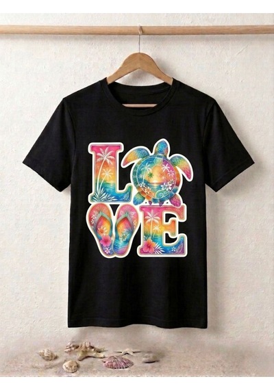 Tropikal Sahil Temalı Love Baskılı Kompak T-shirt Siyah