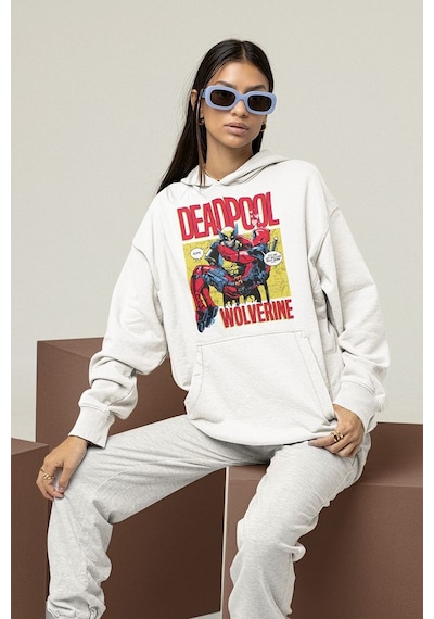 Sevbano Deadpool X Wolverine Baskılı Unisex Oversize Marvel Karakter Hood Beyaz