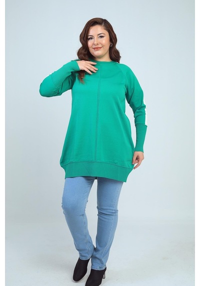 By Saygı Kadın Kolları Şeritli Büyük Beden Tunik Bluz-41894 Yeşil