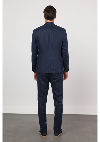 İmza Lacivert Mono Yaka Keten 6 Drop Slim Fit Yarım Astar %100 Keten Takım Elbise 1001260164