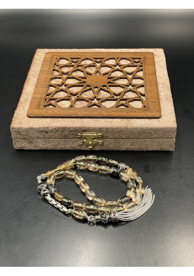 Onurlu Tesbihane Sıkma Kehribar Tesbih 7x11 Mm Bal Duman Geçişli Erkek Tesbihi Gümüş