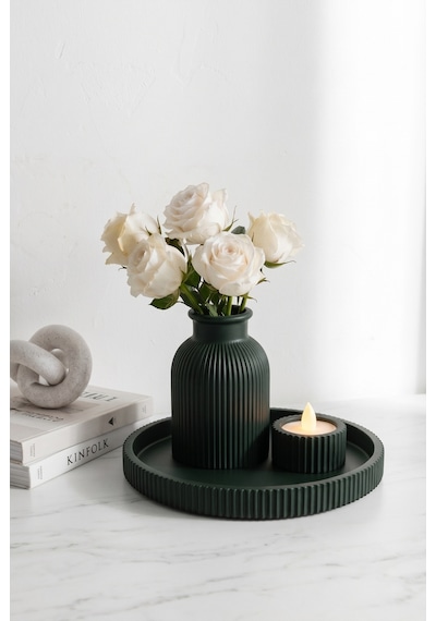 Senfoni Vazo Dekoratif Set - Modern Minimalist Estetik Tasarım Dekoratif Set - Pilli Mum, Mumluk Ve Tepsi Dahil Ev Ofis Salon Dekorasyonu İçin Şık Kompozisyon - Ahenk Tasarım Haki
