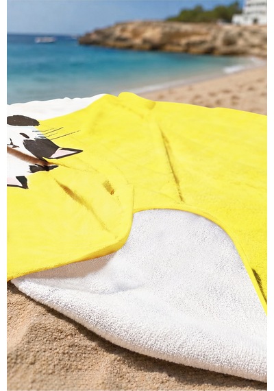 Kedi Figürlü Sarı Çocuk Plaj Havlusu - Sevimli Minimalist Beyaz Çocuk Hızlı Kuruyan Mikrofiber Havlu Pastel Melon