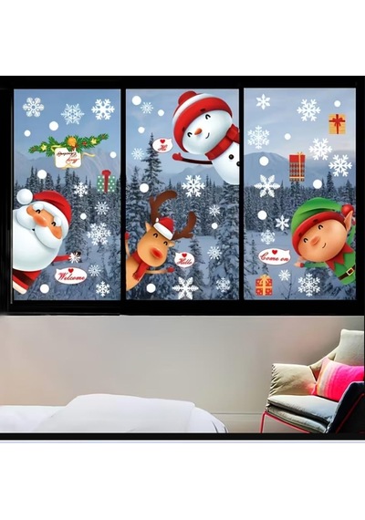 80 Adet Kar Tanesi Pencere Cam Yapışkanları, Noel Baba Geyik Çıkartmaları