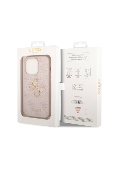 Apple Uyumlu iPhone 15 Pro Max Kılıf Guess Lisanslı Pu Deri Yazı Ve 4g Metal Logolu Desenli Kapak Pembe