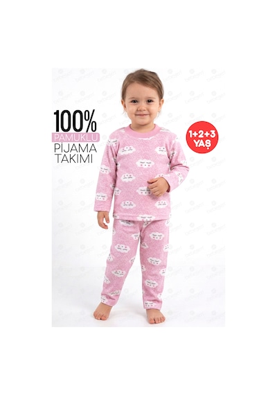 Bebegen Kız Bebek Bulut Desenli Alt Üst Pembe 2'li Pijama Takım Çok Renkli