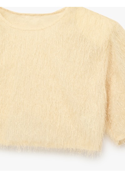 Koton Kısa Kollu Bisiklet Yaka Püsküllü Crop Bluz Ekru 6sak10055uk