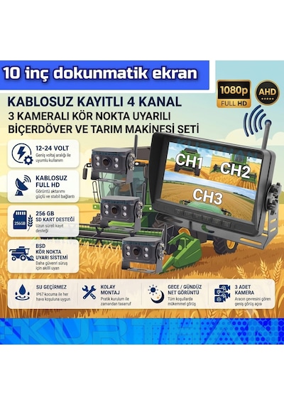 10 İnç Dvr Dokunmatik 3 Adet Kablosuz Kamera Ahd 1080p Monitör Bsd Kör Nokta Sistemli 12 24 V