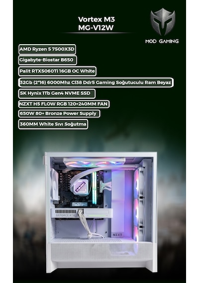 Mod Gaming Vortex MG-V12W R7-7500X3D 32 GB 1 TB SSD RTX5060Ti Free Dos Masaüstü Oyuncu Bilgisayarı