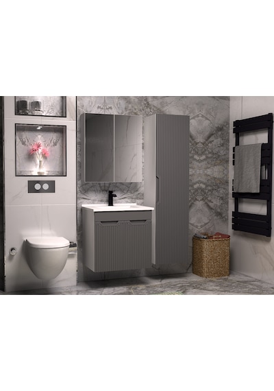 Banyo Dolabı Aynalı Cnc İşlemeli Membran Kapaklı 65 Cm Antrasit