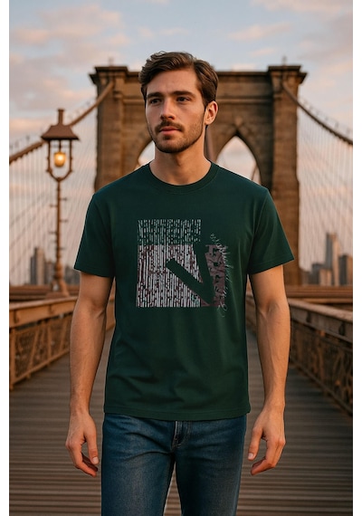 Erkek Rahat Kesim Bisiklet Yaka Baskı Detay T-shirt Çok Renkli