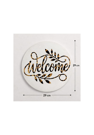 Welcome Yazılı Mdf Duvar Dekoru Leopar Desenli Kumaş Harfli Modern Karşılama Tablosu Beyaz