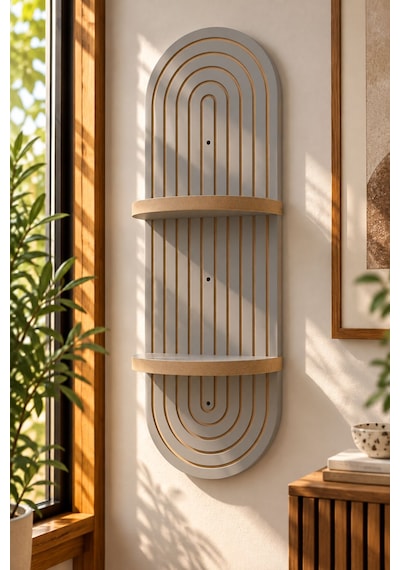 Luna Ahşap 2 Katlı Modern Duvar Rafı 85x30 Açık gri
