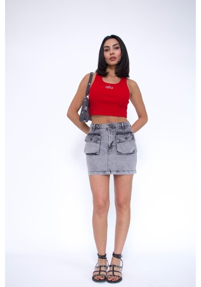 Zeo Basic Kargo Cepli Grey Mini Skirt Gri